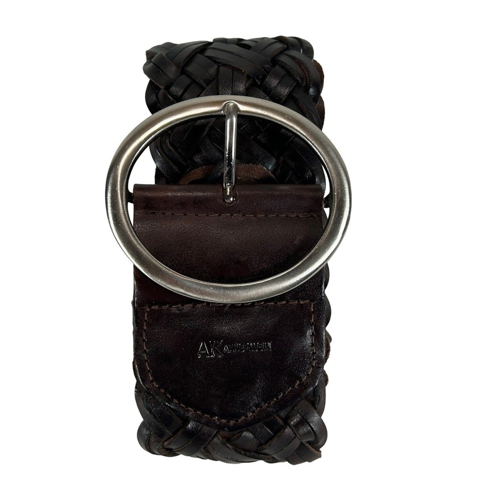 Anne Klein Womens Dark Brown Braided Genuine Leather Belt Silver Oval Buckle L